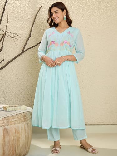 Image of INDO ERA Women's Pure Cotton Embroidered A-Line Kurta & Pant with Dupatta Set | Cotton kurta sets for women