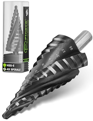 Pinava® Stufenbohrer HSS Cobalt Pro 4XSPIRAL [Schneller, Präziser, Langlebiger] Ø 5-35mm - Profi Kegelbohrer für Edelstahl, Metall, Holz, Kunststoff - Blech-Schälbohrer Extrem Scharfer Edelstahlbohrer