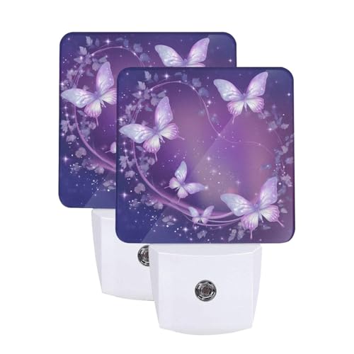 Image of Purple Butterfly Night Light Set of 2, Sparkle Star Auto Sensor LED Dusk-to-Dawn Nightlights, Plug-in Sensor Lamp for Bedroom Bathroom Kitchen Hallway Stairs Decorative