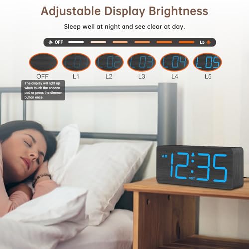 Image of DreamSky Wooden Digital Alarm Clock for Bedroom with Large Numbers | Desk Clocks for Living Room, Dimmer, Loud Alarm for Heavy Sleepers with Volume Control, DST, Office Wood Decor (Plug-in)