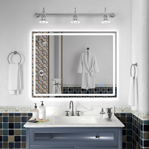 ROVOGO 36"x28" Light up Bathroom Mirror Wall Mount, Fogless, Dimmable Brightness 3 Color Temperature, Backlit & Front Lit, Memory Function, Shatterproof Lighted LED Mirror for Vanities 28" to 36" Wide by ROVOGO - Used condition - US$78.86