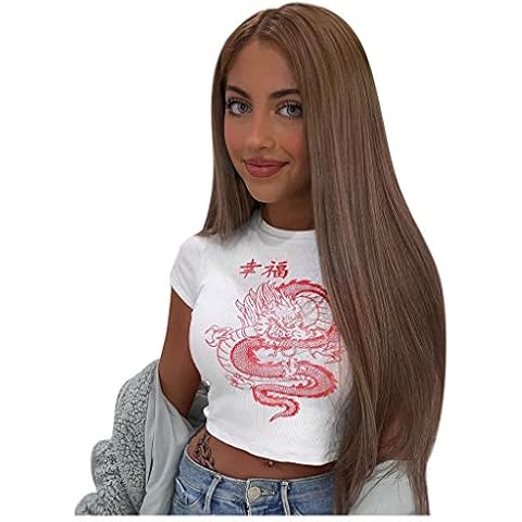 LOPILY Women's T-Shirt Flattering Glamorous Round Neck Short Sleeve Tee Chinese Dragon Print Cute Sexy Crop Tops Hip Hop Sports(White,10 UK/M CN) Cover