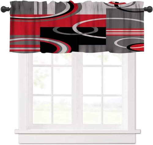 Image of Red Black Gray Geometric Window Valance Curtain, Mordern Red Abstract Stripe Retro Circle Swirls Window Treatment Valances for Kitchen Living Room Cafe Decor 54'x18', 1 Panel