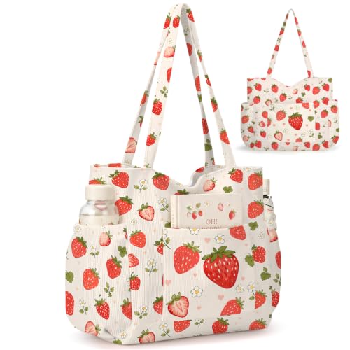 Watercolor Strawberry Corduroy Tote Bag for Women, Cute Shoulder Bag - image 1
