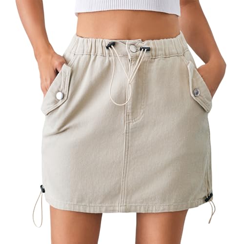 ANBOA Minifalda Cargo De Mezclilla con Cordón De Cintura Alta para Mujer, Cintura Elástica Beige Vaqueros Elásticos Faldas Lápiz Ajustadas Falda Acampanada Informal De Verano con Bolsillos Beige