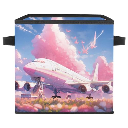 Boîte de rangement pliable motif avion rose et poignées cuir design chic