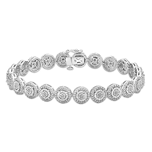 Miracle Set Diamond Tennis Bracelet .925 Sterling Silver 1/10 Cttw Halo Links (I-J Color, I2-I3 Clarity) - 7-1/4" Choice Of Heart, Round Or Square Links (Round Brilliant Tennis Bracelet) #TOP17