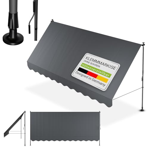 Juskys® Klemmmarkise Kapstadt 400x120 cm - Höhenverstellbar & UV-beständig - Balkon & Terrasse - Wetterfest & Sichtschutz - Terrassenüberdachung Grau