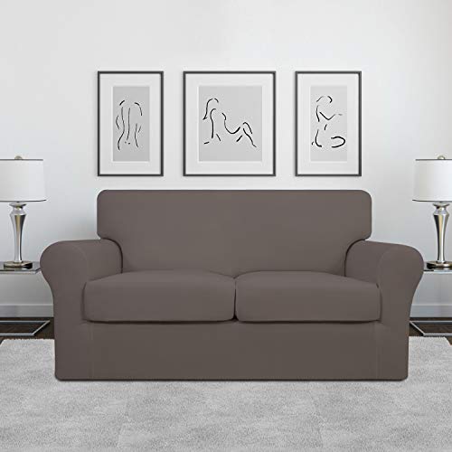 Image of Easy-Going 3 Pieces Stretch Soft Couch Cover for Dogs - Washable Sofa Slipcover for 2 Separate Cushion Couch - Elastic Furniture Protector for Pets, Kids (Loveseat, Taupe, Medium)