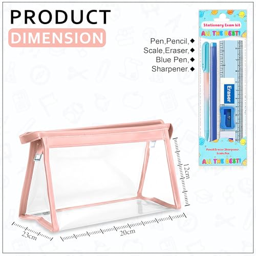 Image of GLUN Pink Transparent Zipper Pouch with inchAll The Best inch Stationery Kit Includes Scale, Pencil, Eraser, Sharpener & Pen Set for School Students