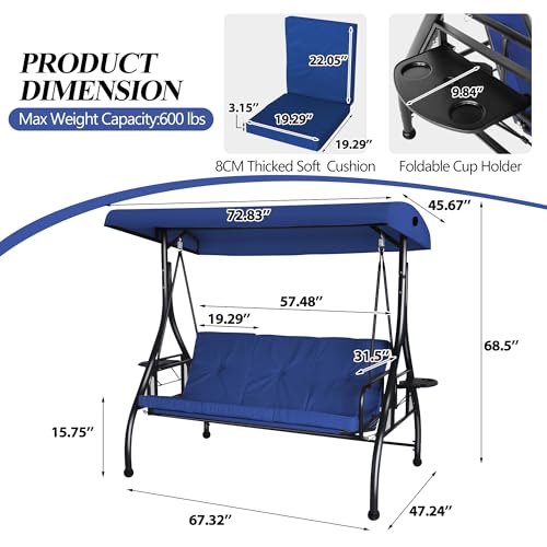 COVERONICS 3-Seat Outdoor Porch Swing with Adjustable Canopycoln Blue