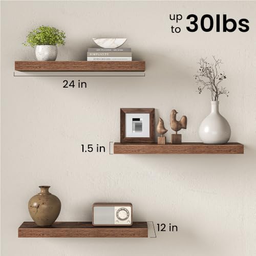 Image of Fun Memories 24 Inch Floating Shelves for Wall, 12 inch Deep Extra Thick Wood Shelves with Invisible Bracket, Large Wall Mounted Storage Shelf for Living Room Bedroom Kitchen, Brown, Set of 3