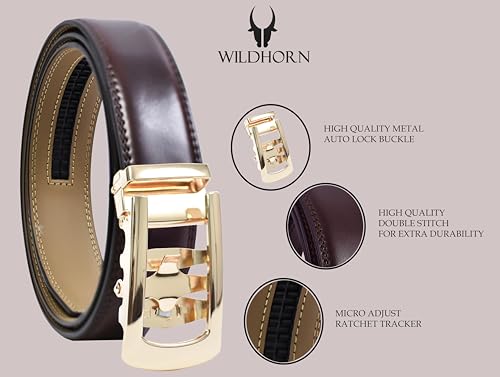 Image of WildHorn Men's Genuine Leather Belt for Men| Premium Auto-Lock Buckle | Adjustable up to 48 inch | Formal & Casual Wear | Micro-Adjust Fit | Stylish Gift Box Included