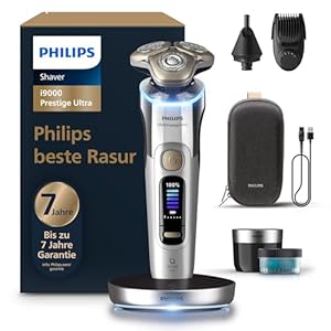 Philips Rasierer i9000 Prestige Ultra, Nass- und Trockenrasiererr, chrom, Druck- und Bewegungssensor, 5+1 Bartstyler, Nasenhaartrimmer, Reinigungsstation, Ladestation und Reiseetui (Modell XP9404/38)