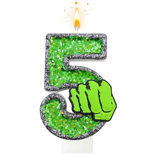 ToonGlow Cartoon Hero Birthday Number Candle Green Fist Birthday Candles for Cake Green Glitter Number 5 Candle Cake Topper with Sequins for Cupcake Topper Party Favors Decor Supplies