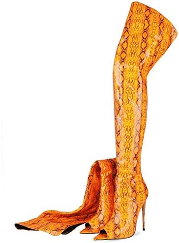HOAPL Peep Toe Stiletto Heel Thigh High Boots for Women, Sexy Patent Leather Faux Snakeskin Print Over The Knee Boots for Women, Dress Boots for Women,Orange,43