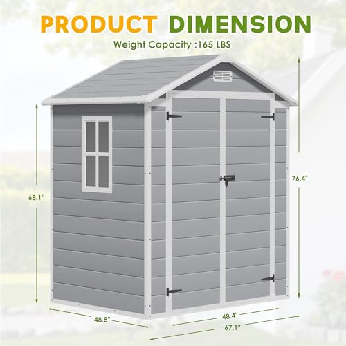 Image of Greesum 6x4FT Plastic Outdoor Storage Shed, Resin Shed with Floor and Window, Tool Sheds with Lockable Door and Vent, for Garden, Garage, Backyard, Lawn, Light Gray