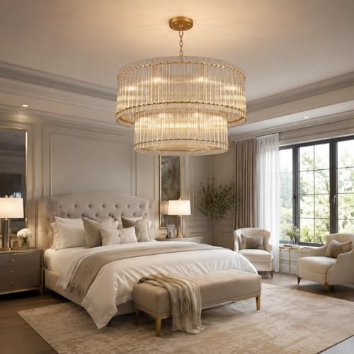 Image of 48-Inch Ripple Glass Chandelier, 3-Tier 20-Light Large Brass Round Chandelier for Dining Rooms, Living Rooms, Foyers, Staircases, Open-Concept Spaces & High Ceilings