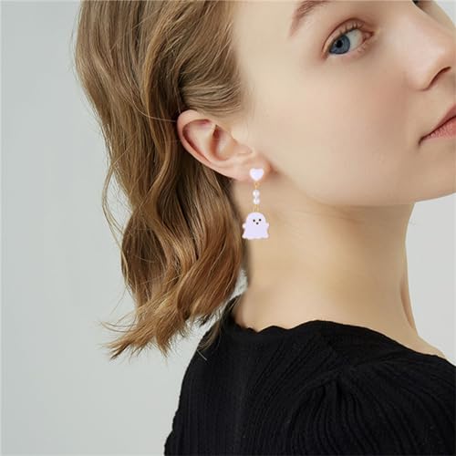coadipress Halloween Earrings for Women Cute Funny White Blue Pink Ghost Love Heart Pearl Dangle Drop Earrings Creative Halloween Party Cosplay Costume Jewelry Gifts3