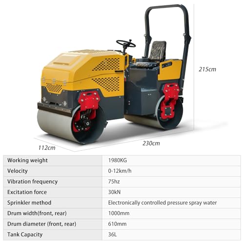 Image of MMS 2 Ton Double-Drum Vibratory Road Roller, 23HP Fully Hydraulic Compactor for Asphalt & Pavement, Concrete Finishing Tools, Compaction Machinery for Small Road Projects