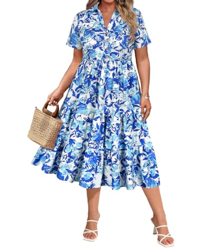 Image of CARCOS Plus Size Dresses for Curvy Women Collared Vneck Short Sleeve Dresses Midi Summer Ruffle Dress with Pocket XL-5XL