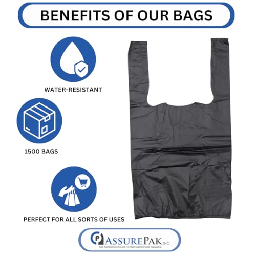 ASSUREPAK Black Unprinted HDPE T-Shirt Bags 8\"x4\"x15\" with handles – 1500 Units – 14 Microns – Perfect for Convenience Stores, Small Retailers, Food Trucks, Cafes, and Takeout Services - Thumbnail 7