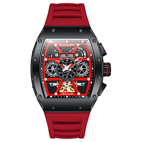 GUANQIN Men Automatic Wrist Watch Skeleton Tourbillon Tonneau Design Waterproof Adjustable Silicone Strap Business Luminous Sapphire Crystal Multifunction Clock (red) Cover