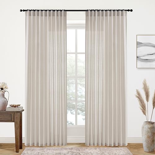Image of XTMYI 90 Inches Long Oatmeal Country Curtains for Living Room,Sheer Linen Shabby Chic Curtains for Bedroom 70 Inches Wide
