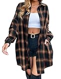 HangNiFang Long Flannel Shirts for Women Button Down Plaid Shirts Dresses Pocketed(0652-Brown-XL)