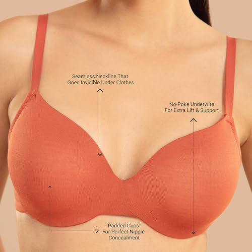 Image of NYKD NYB218 Modal Fabric Lightly Padded Wired T-Shirt Bra for Women Seamless Neckline Non Slip Shoulder Straps