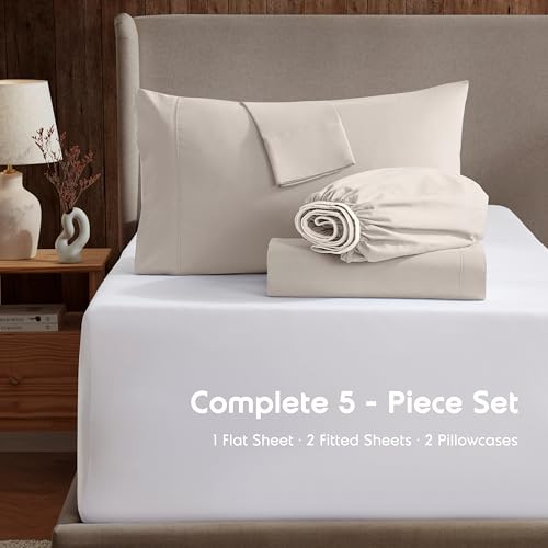 Image of Nestl Split King Bed Sheet Set - Linen - 5-Piece Deep Pocket | Instantly Soft, Night-One Ready (No Wash Required). Fits 16-Inch Deep Pockets, 360-Degree Elastic Grip