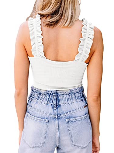 Pinkmstyle Womens Ruffle Strap Square Neck Tank Tops Slim Ribbed Sleeveless Shirt Blouses White Large #TOP4