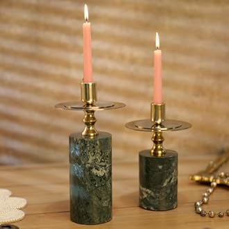 DREAMY WALLS Marble Candle Stand, Set of 2, Taper Candle Holders for Home Decor, Dining Table Decor, Round Pillar Candlestick Holder, Green Decorative Candle Stands for Home Decor, Christmas Decor