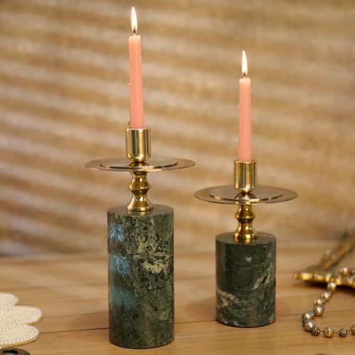 Marble Candle Stand, Set of 2, Taper Candle Holders for Home Decor, Dining Table Decor, Round Pillar Candlestick Holder, Green Decorative Candle Stands for Home Decor, Christmas Decor