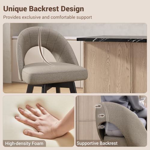 Image of YaFiti 24 inch Counter Height Swivel Bar Stools Set of 2, Oatmeal | Swivel Bar Stools with Ergonomic Curved Back, Fabric Upholstered Seat and Solid Wood Legs for Kitchen Island