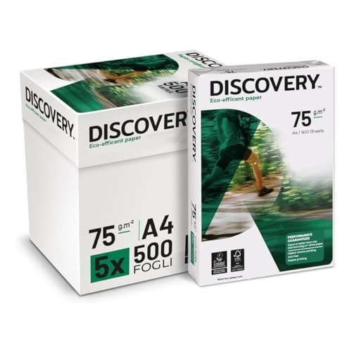 Carta Discovery Bianca formato A4 per Stampanti 75 g/mq, Bianco, Confezione da 5 x 500 fogli (5 Risme) - Alta Qualità ed Eco-Efficiente - Ottima per Uso Quotidiano - Cartiera Navigator