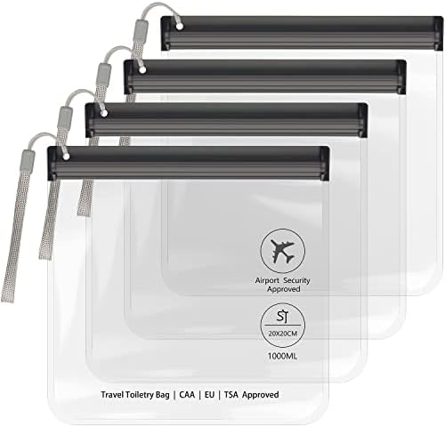 4PC Clear TSA Approved Security Toiletry Bag, 20x20 cm Approved by EU & UK Hand Luggage Regulations, Waterproof Liquids Bags for Women/Men, Transparent