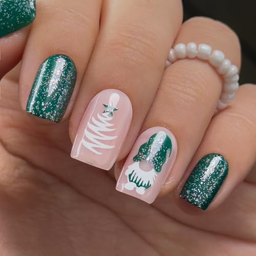 Image of Curvlife Press on Nails Acrylic Square Fake Nails with Design Full Cover False Nails for Women Reusable Nail Kit (Green Christmas, 30pcs)