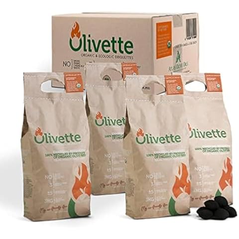 Organic Charcoal Briquettes by Olivette, Reusable Charcoal for Grilling, USDA Certified, Recycled Olive Tree Byproduct, Ready to Light, 6.6 lb. Bag Equal to 20 lb. Regular Charcoal, 4-Bag Bulk Case Cover