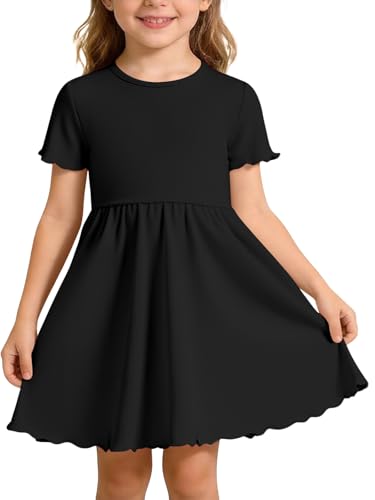 Haloumoning Toddler Baby Girl Dress Kids Ribbed Short Sleeve Crewneck Jersey Dress Summer Casual Dresses Black
