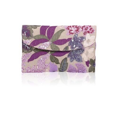 Shimmerz Mujeres Clutch Bordado de Flores Lentejuelas Bolso de Mano de Fiesta para Damas (Morado)