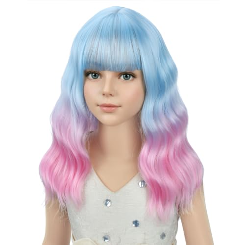 Image of PATTNIUM Girls Blue Ombre Pink Short Wavy Curly Wig with Bangs Kids Pink and Blue Bob Wigs Synthetic Halloween Costume Cosplay Party Wigs