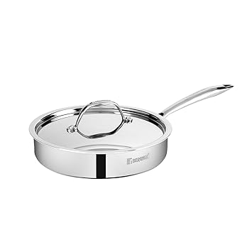 Bergner Argent Triply Stainless Steel Sautepan/ Deep Frypan with Stainless Steel Lid, 22 cm, 1.8 Litres, Induction Base, Silver, Gas Ready