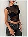 RoseSeek Women's Mesh See Through Tank Top Sleeveless Mock Neck Ruched Crop Tops Going Out Outfit Black Large