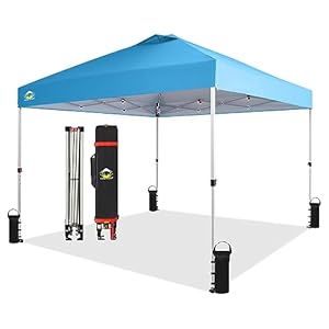 Crown Shades 10×10 Pop Up Canopy Beach Tent with One Push Setup Outdoor Sun Shade for Events Parties Camping Gazebo with STO N Go Cover Bag Silver Coated Top 3 Height 4 Sand Bags Sky Blue