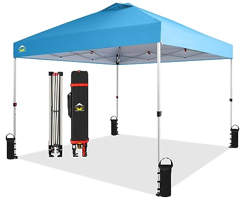 CROWN SHADES 10x10 Pop Up Canopy, Patented Center Lock One Push Instant Popup Outdoor Canopy Tent, Newly Designed Storage Bag, 8 Stakes, 4 Ropes, Sky Blue