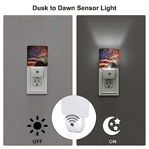 Image of American Flag Night Light Set of 2, Firework Eagle Auto Sensor LED Dusk-to-Dawn Nightlights, Plug-in Sensor Lamp for Bedroom Bathroom Kitchen Hallway Stairs Decorative