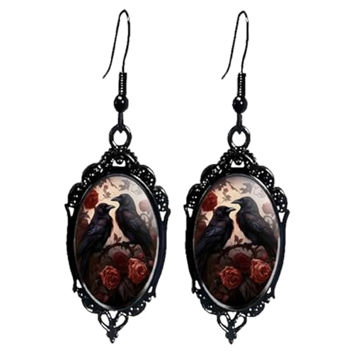 Gothic Halloween Cameo Earrings Vintage Crystal Glass Witch/Raven/Bat/Tree Dangle Earrings Punk Style Dark Earring Goth Victorian Earring Halloween Jewelry for Women (Red Raven3)