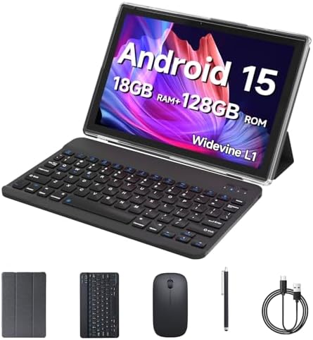 Android 15 Tablet, 10 inch 2 in 1 Tablets with Keyboard, 18GB RAM...