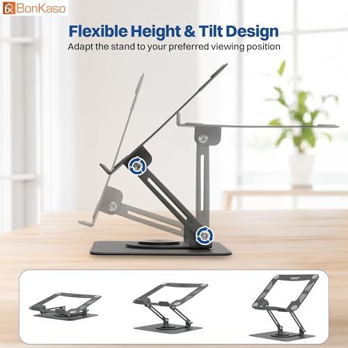 Image of BonKaso 360 Rotating Metal Laptop Stand, Height & Angle Adjustable, Foldable Design, Carbon Steel Build, Ventilated Cooling, Supports Up to 5kg, Compatible with Laptops & MacBook (Up to 17.3 inch) - Grey